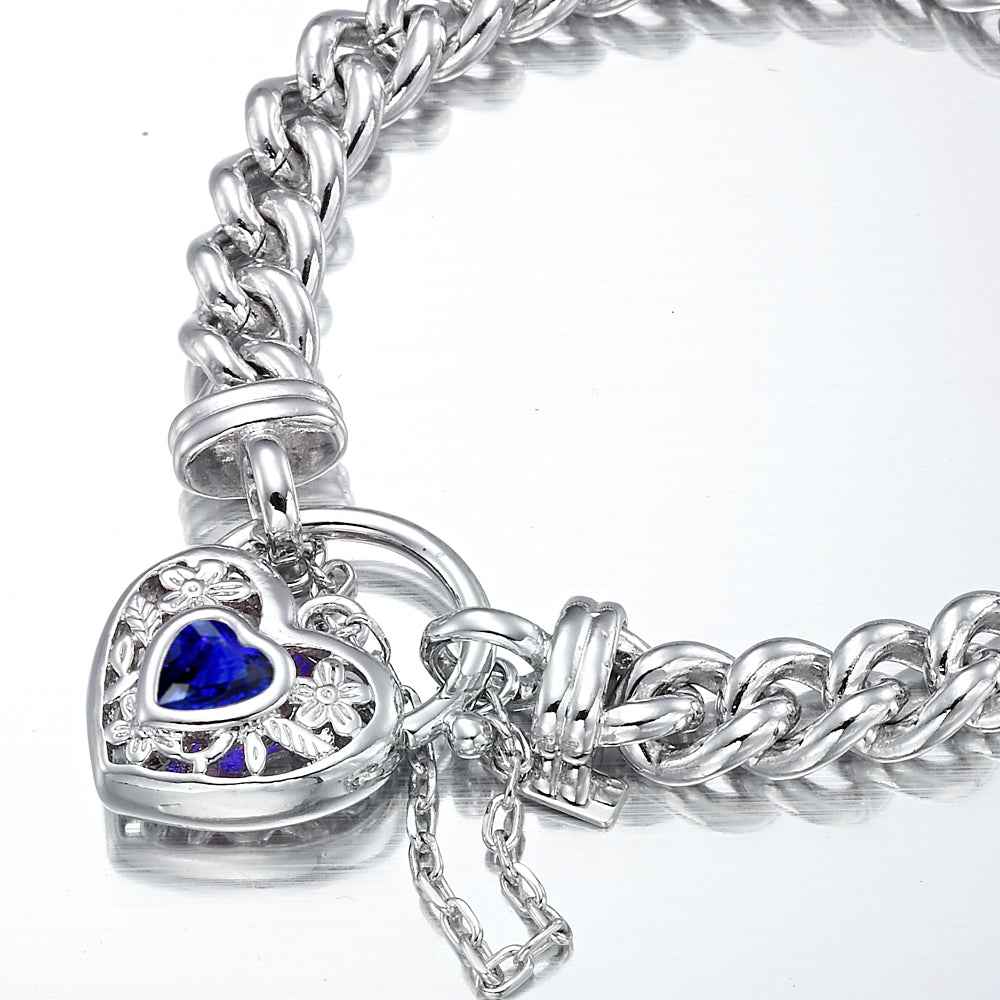925 Sterling Silver Plated  Euro Chain Bracelet with a Dark Blue Filigree Locket - USA Made