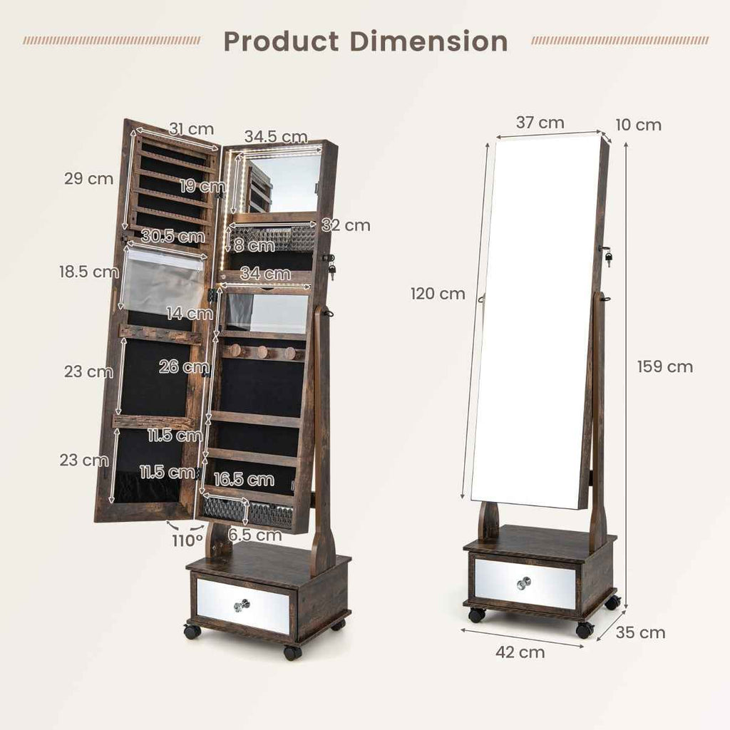 NNECW 159 CM Lockable Jewelry Organizer with 3-Color LED Lights-Brown